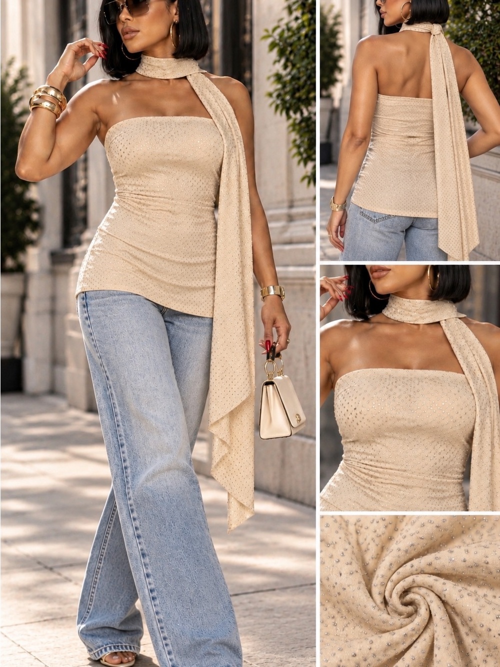 Scalloped Halter Scarf Strapless Camisole in Cream